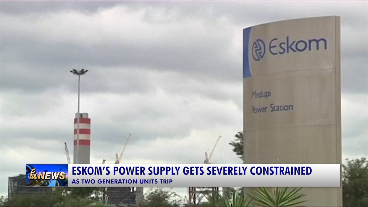 itv_sa's tweet image. ESKOM’S POWER SUPPLY GETS SEVERELY CONSTRAINED 
Eskom HAS requested the public to use electricity sparingly, as the power generation system is severely constrained after two generation units tripped late yesterday. 
#Eskom #PowerSupply #Constrained #GenerationUnits #Tripped