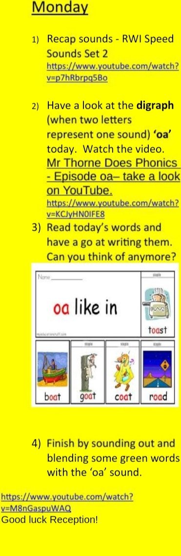 CurnoMrs's tweet photo. Hi Reception, our new sound is 'oa' today. Can you think of any more words than mine containing the 'oa' sound? Don't forget to check out today's green words! 🙂@QHAThurrock @miss_keenan @miss_milbourn https://t.co/tEpbG3vev8