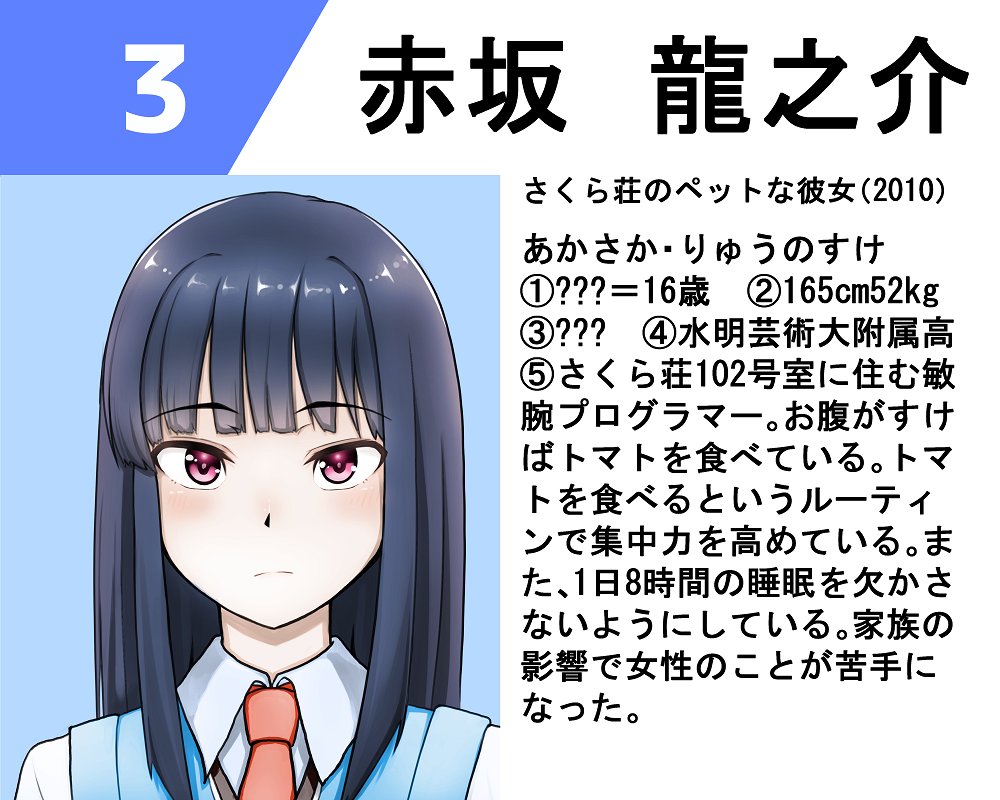 再度 また Twitter પર さくら荘のペットな彼女より赤坂龍之介くんです 紹介文等は私の感想でしかないので悪しからずご了承ください メイドの 龍之介くんも描きたくなりましたね 赤坂龍之介 男の娘 男の娘名鑑