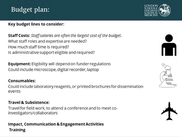 - Everything put into the application should be budgeted appropriately.  @LSHTM