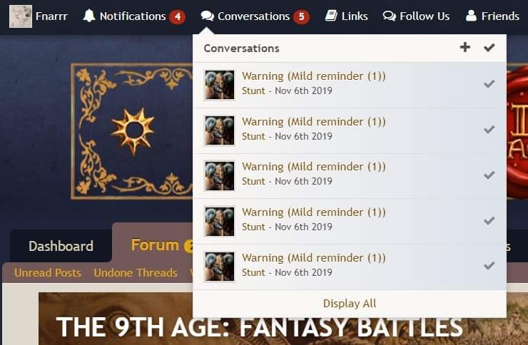 Fnarrr's tweet photo. I did briefly wonder how my account on @The_9th_Age went from nothing to a 6 month ban for what is at worst minor infractions, if even that. Turns out if a mod doesn't like you, they can rack up your "points" while you sleep, and not waiting on responses or even on read status :) https://t.co/1MxQE6wJXC