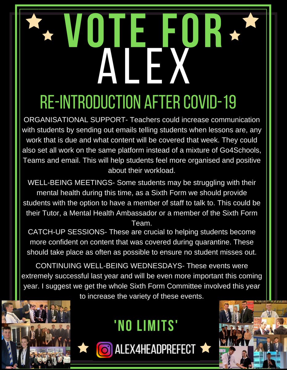 Morning everyone! Here are today's Policy Posts focusing on how we will support students returning to school and how we can promote current social topics within school :)
#VoteAlexC <a href="/WalesHigh/">Wales High School</a> <a href="/WalesSixth/">Wales Sixth-Form</a>