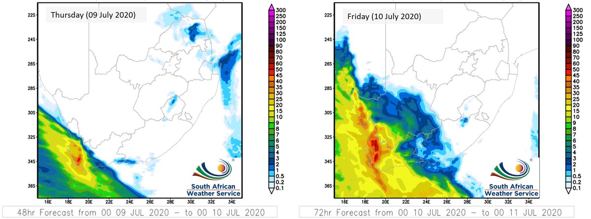 SAWeatherServic's tweet image. 🌧️⚠️Heavy rainfall (more than 50mm) expected over the next few days especially over the western parts of the Western Cape as 2 #coldfronts make landfall. Here is the accumulated rainfall forecast for Thursday and Friday (09-10 July 2020).