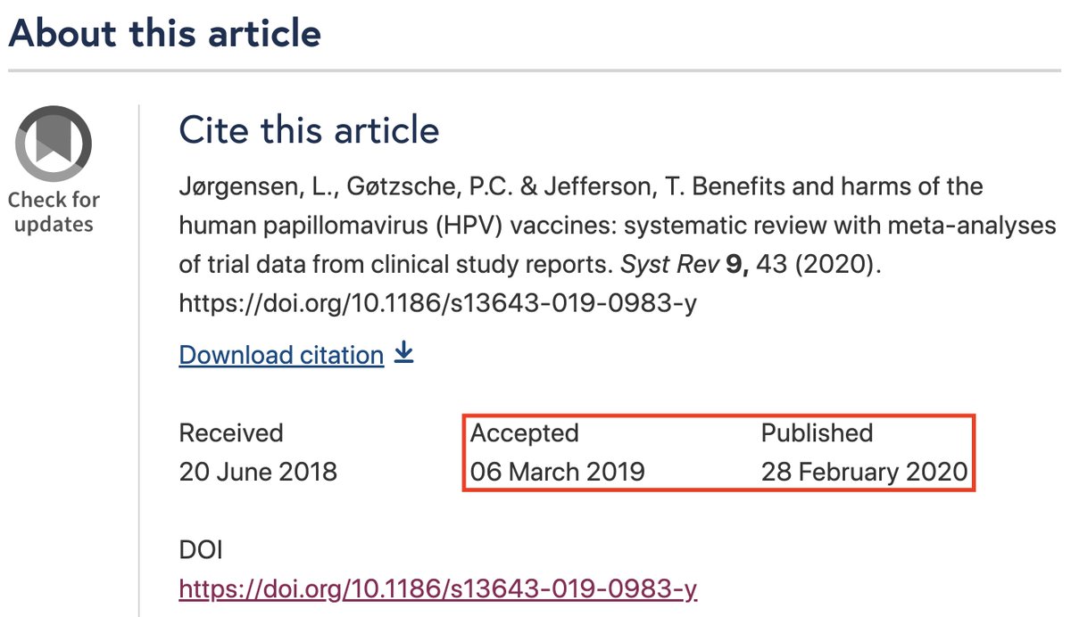 LarsJorgensenMD's tweet photo. @RebeccaChandle1 @deddingtonian Took almost 1 year from acceptance to publication of our #HPVvaccine systematic review:
https://t.co/ihCW6iUfpg
- 74 pages of e-mail correspondence with >20,000 words & 20 excuses from the journal: #SysRevsJ, that published >300 papers in the 1-year time-period https://t.co/fo4Ib12JwT