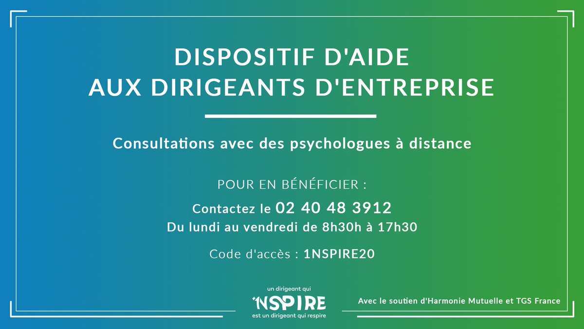 Dirigeant(e)s, 1nspire vous aide à prendre soin de vous grâce à un numéro de soutien psychologique en partenariat avec <a href="/NantesMetropole/">Nantes Métropole</a>, <a href="/RegionPDLL/">Pays de la Loire</a>, <a href="/TGS_France/">TGS France</a> et <a href="/hmutuelle/">Harmonie Mutuelle</a>.

Pour plus d'informations 👉1nspire.net/covid19/

#sante #dirigeant
