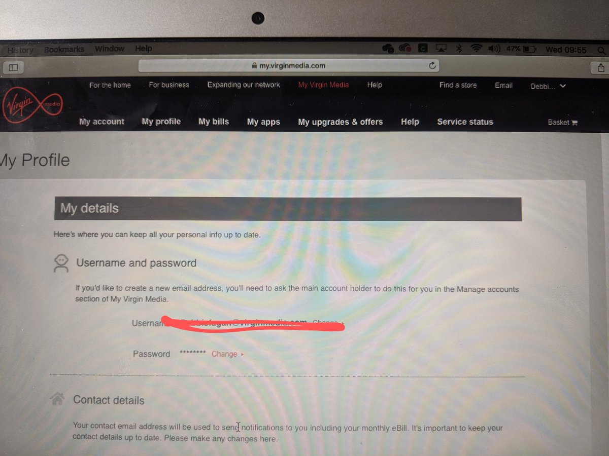 DebiFaygan's tweet photo. Trying to add an email address.  I've signed in, clicked on My profile, where do I find the 'Manage my accounts' tab? Am I being thick? 🤔 @virginmedia https://t.co/UAT1NUbeF4
