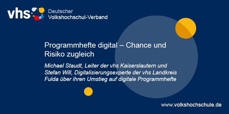 vhs_dachverband's tweet photo. #letsgetdigital🙂Wegen #Corona ist dieses Jahr alles anders: viele #vhs stellen neben den Kursen auch die #Programmhefte auf #digital um. M. Staudt @vhskl und S. Will @sjwpe berichten über👍Chancen und⚡️Risiken von digitalen📱Programmheften ➡️https://t.co/KWscucNfBY #wissenteilen https://t.co/SHeJNEOzOa