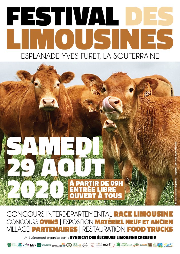 Festival des Limousines, organisé par le Syndicat des éleveurs limousins creusois, samedi 29 août 2020, à partir de 09h, Esplanade Yves Furet <a href="/La_Souterraine/">Ville de La Souterraine</a>. via lasouterraine.fr/evenement/fest… #vivrelasouterraine #lasouterraine