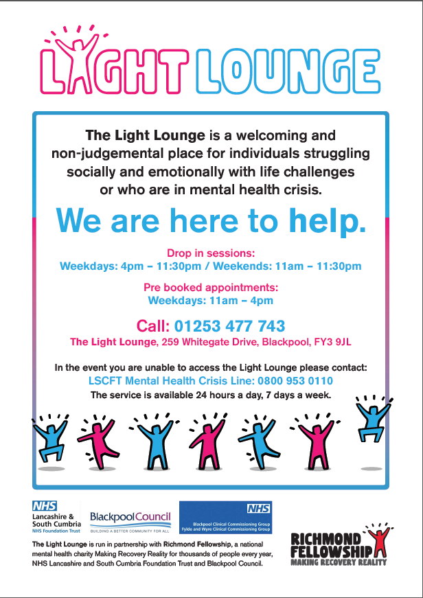 HealthwatchBpl's tweet photo. 📣 Are you struggling with the challenges of life? We all sometimes overwhelmed by how we feel 
📣 You are not alone!
Support is available at the Light Lounge
Monday-Friday     4pm-11:30pm
Saturday- Sunday 11am-11:30pm
@rfmentalhealth @BpoolCouncil @FyldeCoastCCGs @WeAreLSCFT 
⬇️ https://t.co/DqPnKMwlPn