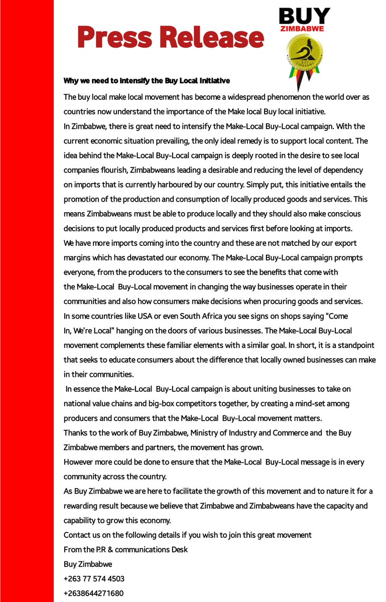 BuyZimbabwe (@buyzimbabwe) on Twitter photo ๐
๐
ก๐
๐
ข๐
ข ๐
ก๐
๐
๐
๐
๐
ข๐
As a nation we need to do more to support the Make-Local Buy-Local initiative #buylocal #make_local #pressrelease <a href="/Zimindependent/">Zimbabwe Independent</a> <a href="/ManicaPostZim/">The Manica Post</a> <a href="/HeraldZimbabwe/">The Herald Zimbabwe</a> <a href="/GreatZW/">Great Zim Initiative</a> <a href="/NewsDayZimbabwe/">NewsDay Zimbabwe</a> <a href="/Bulawayo24News/">Bulawayo24 News</a> <a href="/NehandaRadio/">Nehanda Radio</a> <a href="/263Chat/">263Chat.com ๐ฟ๐ผ</a> <a href="/SPARZimbabwe/">SPAR Zimbabwe</a> <a href="/Min_of_IC/">Ministry of Industry and Commerce</a> ๐
๐
ก๐
๐
ข๐
ข ๐
ก๐
๐
๐
๐
๐
ข๐
As a nation we need to do more to support the Make-Local Buy-Local initiative #buylocal #make_local #pressrelease <a href="/Zimindependent/">Zimbabwe Independent</a> <a href="/ManicaPostZim/">The Manica Post</a> <a href="/HeraldZimbabwe/">The Herald Zimbabwe</a> <a href="/GreatZW/">Great Zim Initiative</a> <a href="/NewsDayZimbabwe/">NewsDay Zimbabwe</a> <a href="/Bulawayo24News/">Bulawayo24 News</a> <a href="/NehandaRadio/">Nehanda Radio</a> <a href="/263Chat/">263Chat.com ๐ฟ๐ผ</a> <a href="/SPARZimbabwe/">SPAR Zimbabwe</a> <a href="/Min_of_IC/">Ministry of Industry and Commerce</a>