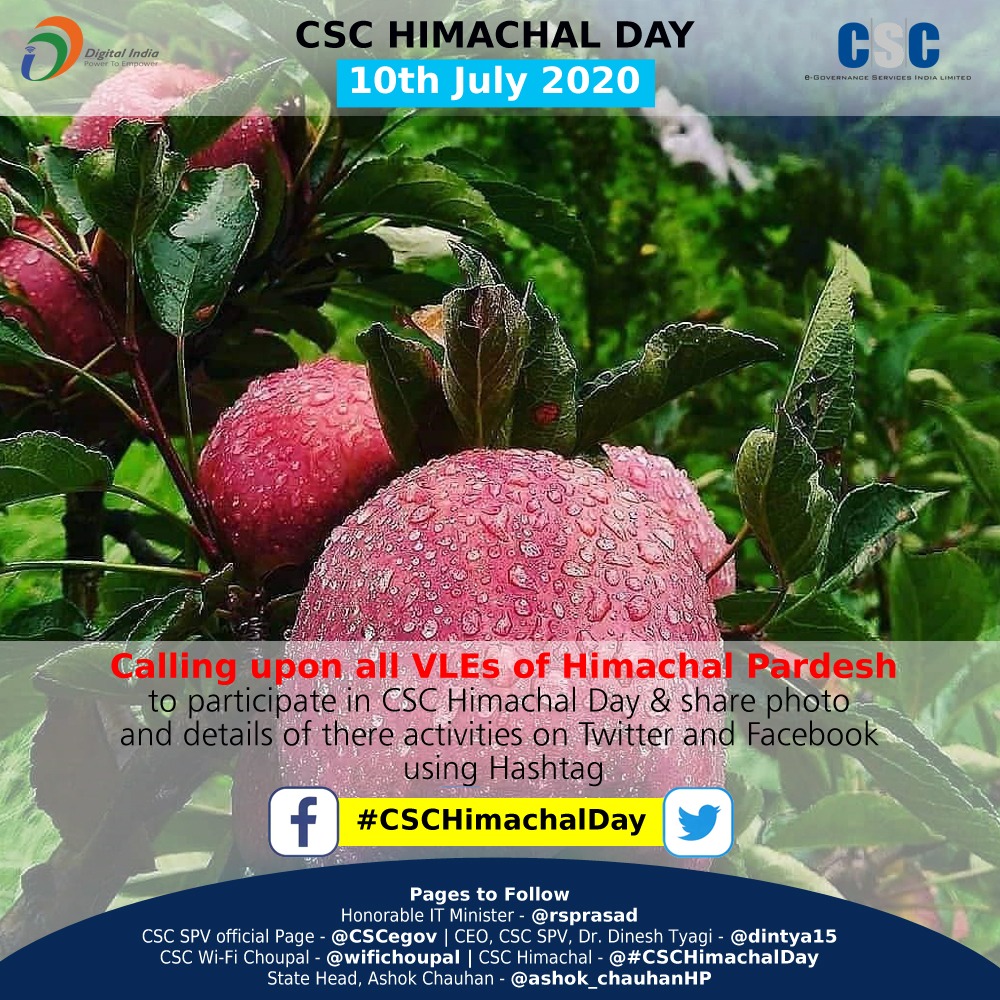 SUNITA_ARORA19's tweet photo. Let's join together &amp; celebrate "CSC Himachal Day" i.e. on 10th July 2020 &amp; share your CSC stories &amp; activities with hashtag #CSCHimachalDay 
@CSCHimachal @ashok_chauhanHP https://t.co/Zr4HN7e1yc