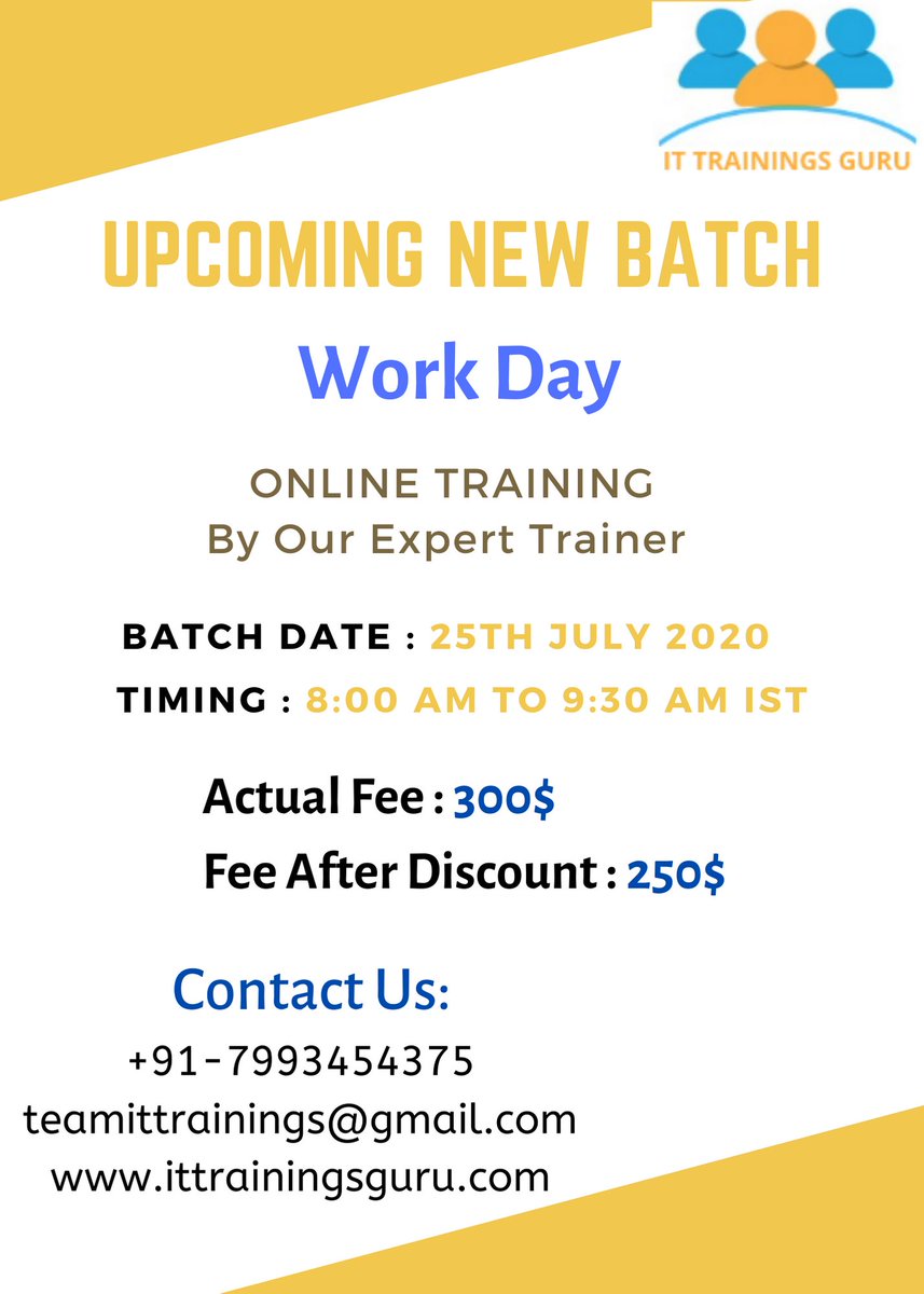 ITTrainingsGuru's tweet photo. Upcoming New #Batch
Work Day #ONLINE TRAINING
By Our #Expert Trainer

Contact Us:
+91-7993454375
teamittrainings@gmail.com
https://t.co/M6uIPsMrns

#onlinetraining #ITTrainingGuru #Hyderabad #Workday
#corporatetraining https://t.co/N0pX60KD5h