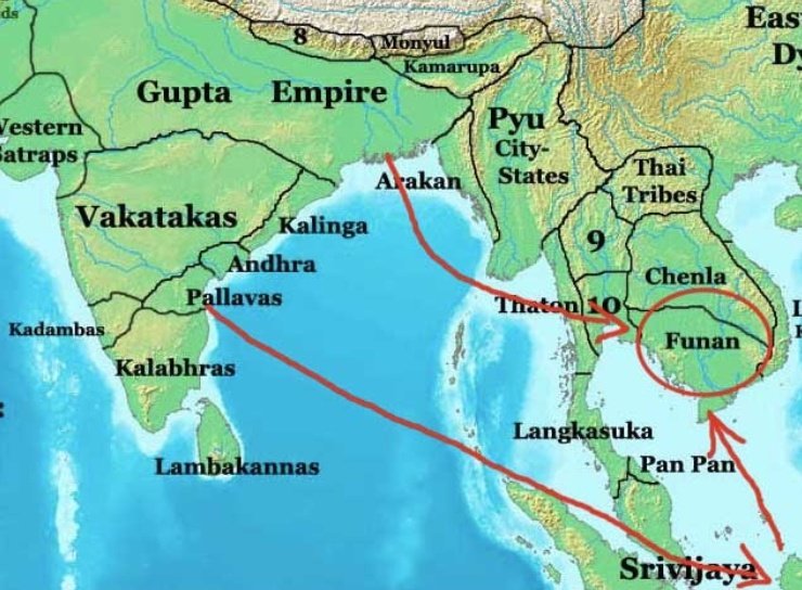 They replaced Hinduized kingdom of Funan which capital was Vyadhpur. Funan was established by Brahman and Kanuajias in 1st century after defeating local Naga King. Kamboj flourished till the end of 15th century and attained high level of cultural development. They built nearly