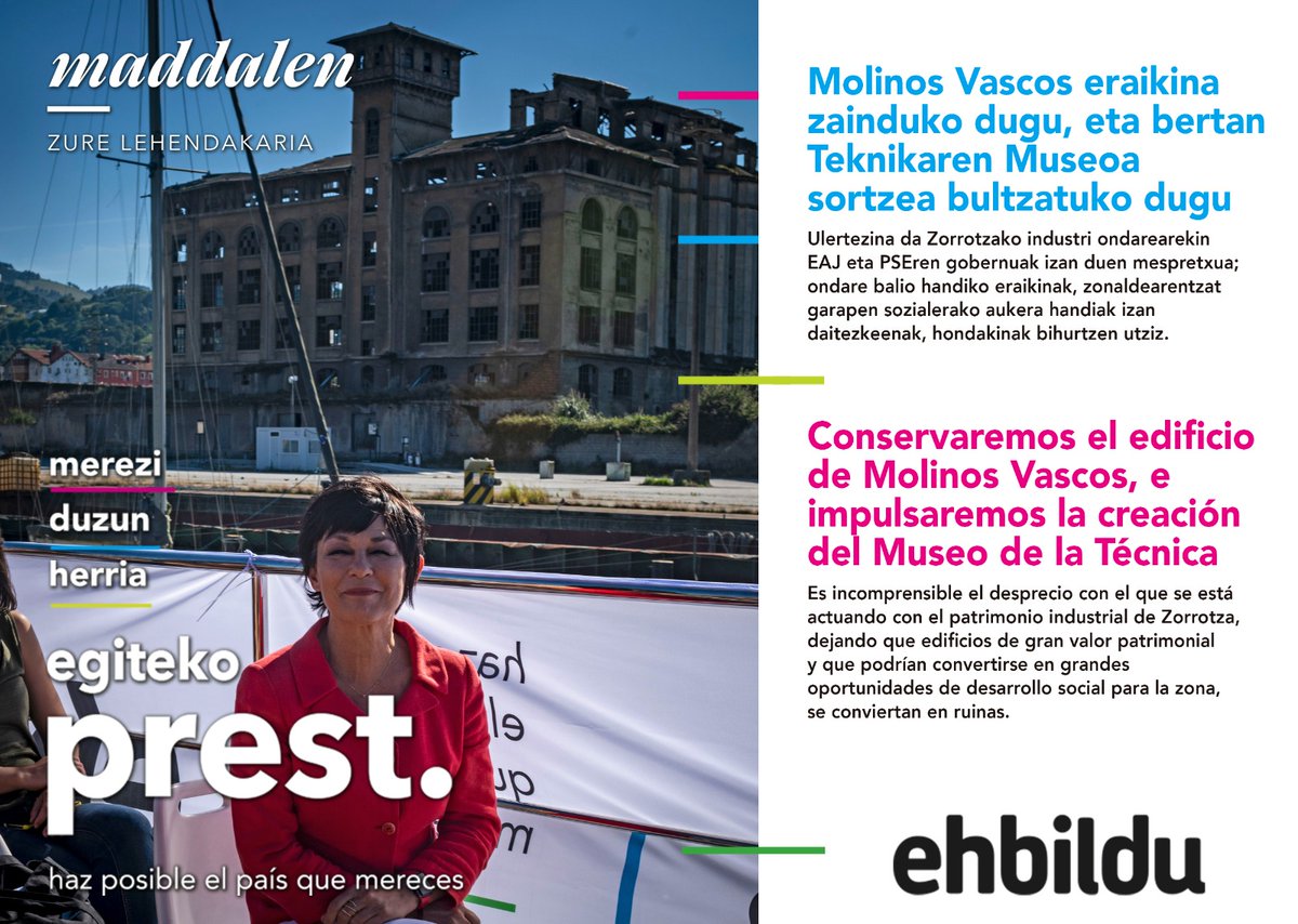 📝'Euskal Errotak' eraikinean Teknikaren Museoa sortzea proposatzen dugu.
Egiteko #PREST
#MereziDuzunHerria

📝Proponemos crear el Museo de la Técnica en el edificio 'Molinos Vascos' de #Zorrotza.
Haz posible #ElPaisQueMereces
#MaddalenLehendakari