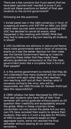 NidhiTanejaa's tweet photo. Some of the many questions raised by university students for cancellation of their exams and #UGC guidelines. https://t.co/bK0ecJZk6w