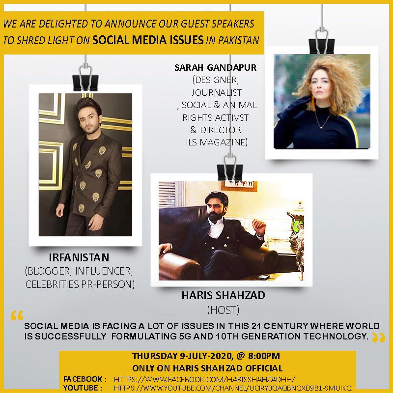 haris9965's tweet photo. Catch me live tomorrow @ 8Pm with @GandapurSarah & @Irfanistanian on social media issues, only on Haris Shahzad https://t.co/YE50wVhugP
#11thHour #wednesdaymorning #coronavirusinpakistan #socialmediaissues #pakistan #cyberissues #CyberSecurity https://t.co/n6ruNZemsi