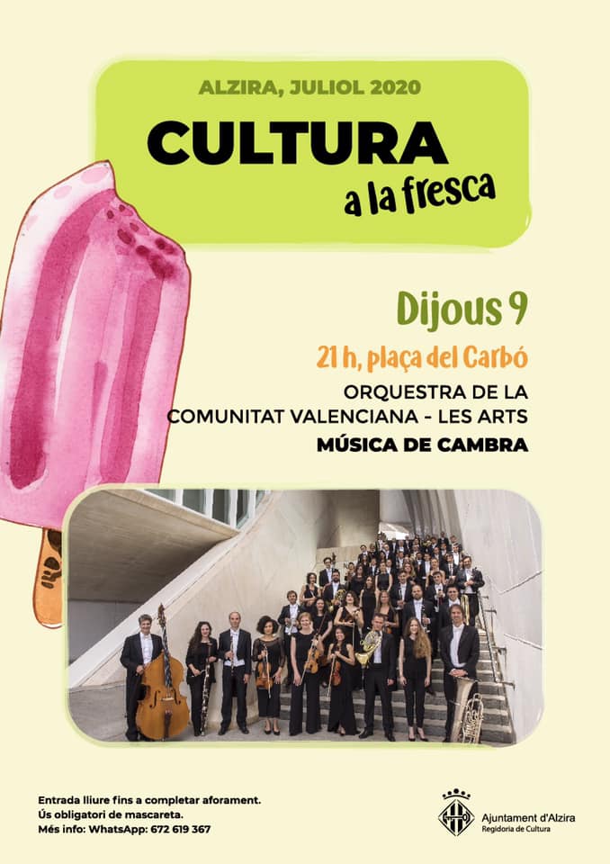 **CULTURA A LA FRESCA JULIOL 2020**
DIJOUS 09/07/2020 A LES 21:00 A LA PLAÇA DEL CARBÓ #Alzira
(VEURE INFORMACIÓ DETALLADA EN LA IMATGE)
<a href="/AlziraTurismo/">Alzira Turismo</a> <a href="/AjuntAlzira/">Ajuntament Alzira</a> <a href="/smalzira/">Soc Musical Alzira</a>
