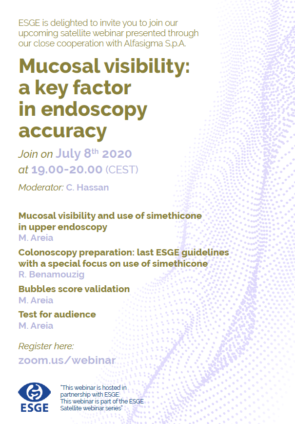 Happening today! 
ESGE webinar presented through our close cooperation with Alfasigma S.p.A.

Miguel Areia, Robert Benamouzig and Cesare Hassan are waiting for you at 19:00 to discuss Mucosal visibility: a key factor in endoscopy accuracy.

See you soon! 

zoom.us/webinar/regist…
