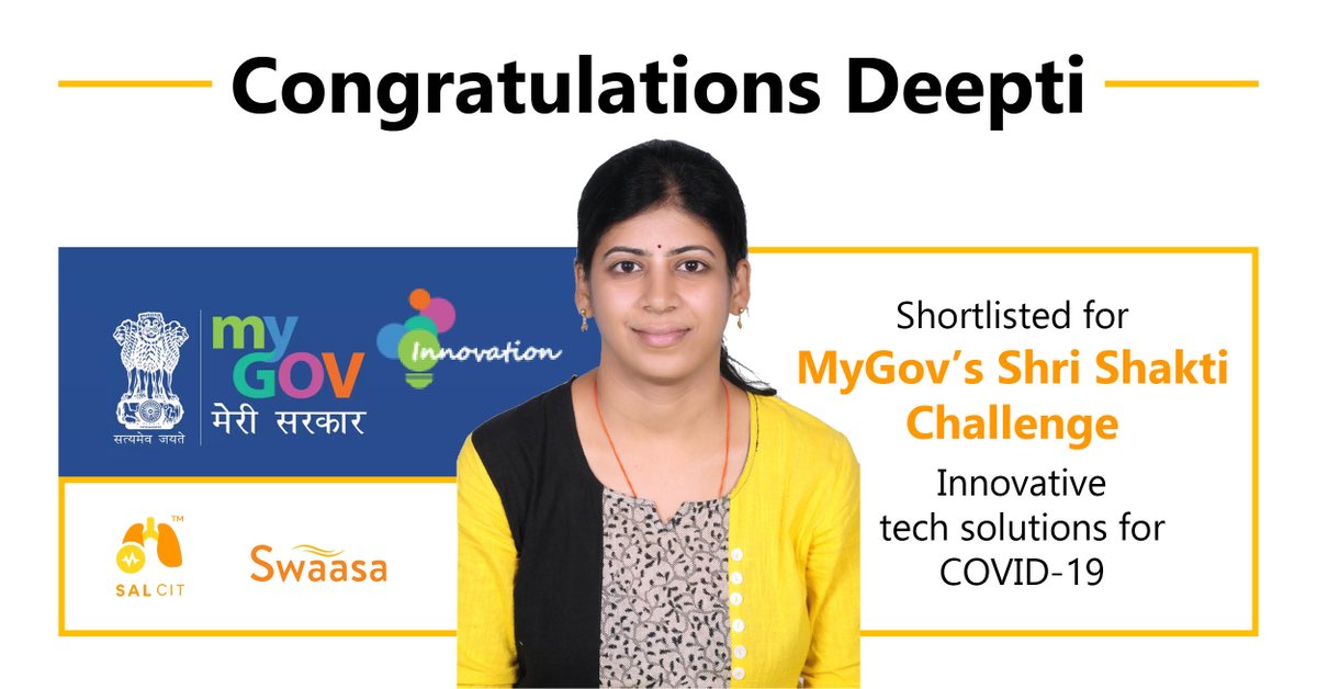 Congratulating Deepti on being shortlisted for the Shri Shakti Challenge by <a href="/mygovindia/">MyGovIndia</a> mygov for COVID-19 solutions!
We are happy to put Salcit's technology to best use in the fight against COVID-19.
 #COVID19 #mygovindia #innovation #entrepreneur