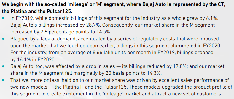 7/Notes from MDAM segment witnessed a sharp downturn in FY20. Bajaj also faced the heat. But, it managed to mitigate with introduction of new models.Bajaj was the leader in the sports segment 44.7%, market share in FY20.
