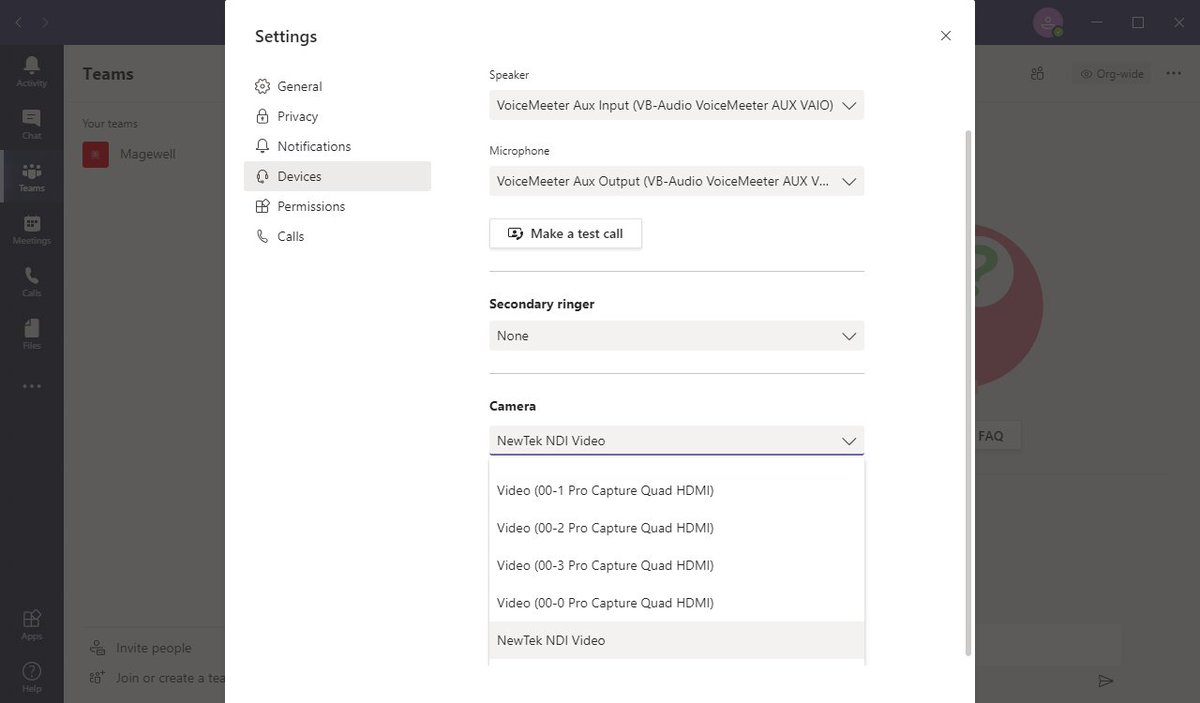 Magewellcn's tweet photo. We’ve received inquiries about how to find #NDI source in software like @zoom_us and @MicrosoftTeams. Great question and only two steps to go:

1. Open NDI Virtual Input first offered by @NewTekInc
2. Run your application supporting a webcam and select “NewTek NDI Video” as input https://t.co/cXf0h6xDT1
