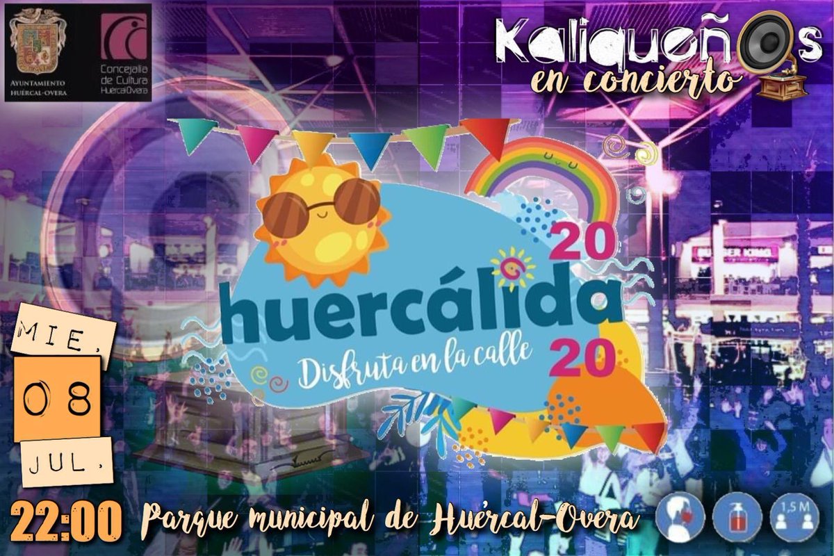 Nueva cita de Huercálida 2020 Disfruta en la calle. Esta noche a las 22:00h en el Parque Municipal Kaliqueños en concierto.  Obligatorio el uso de mascarillas, aforo limitado y medias de distanciamiento e higiene.

#HuercalOvera #huercálida #concierto