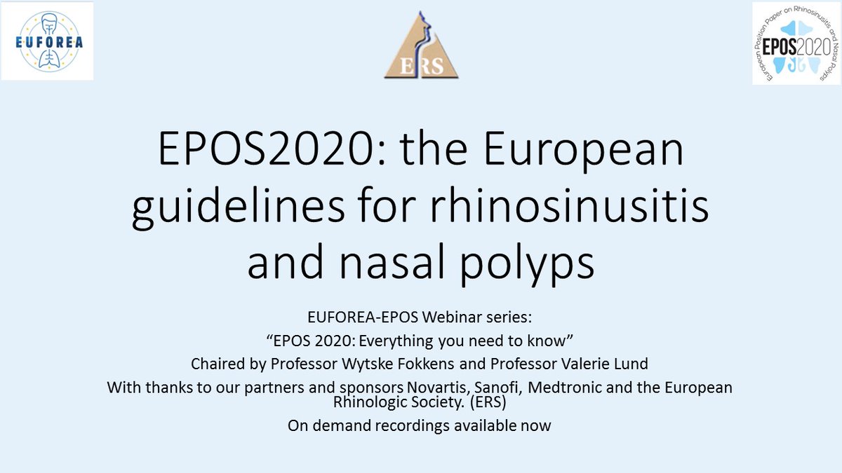 euforea's tweet photo. EPOS2020: EUROPEAN POSITION PAPER ON RHINOSINUSITIS & NASAL POLYPS 2020 webinar series. On demand recordings available now - visit the events section of our website https://t.co/2hE3xx1pyu #EUFOREA #EPOS2020 #ERS https://t.co/1Axg3NwXqW