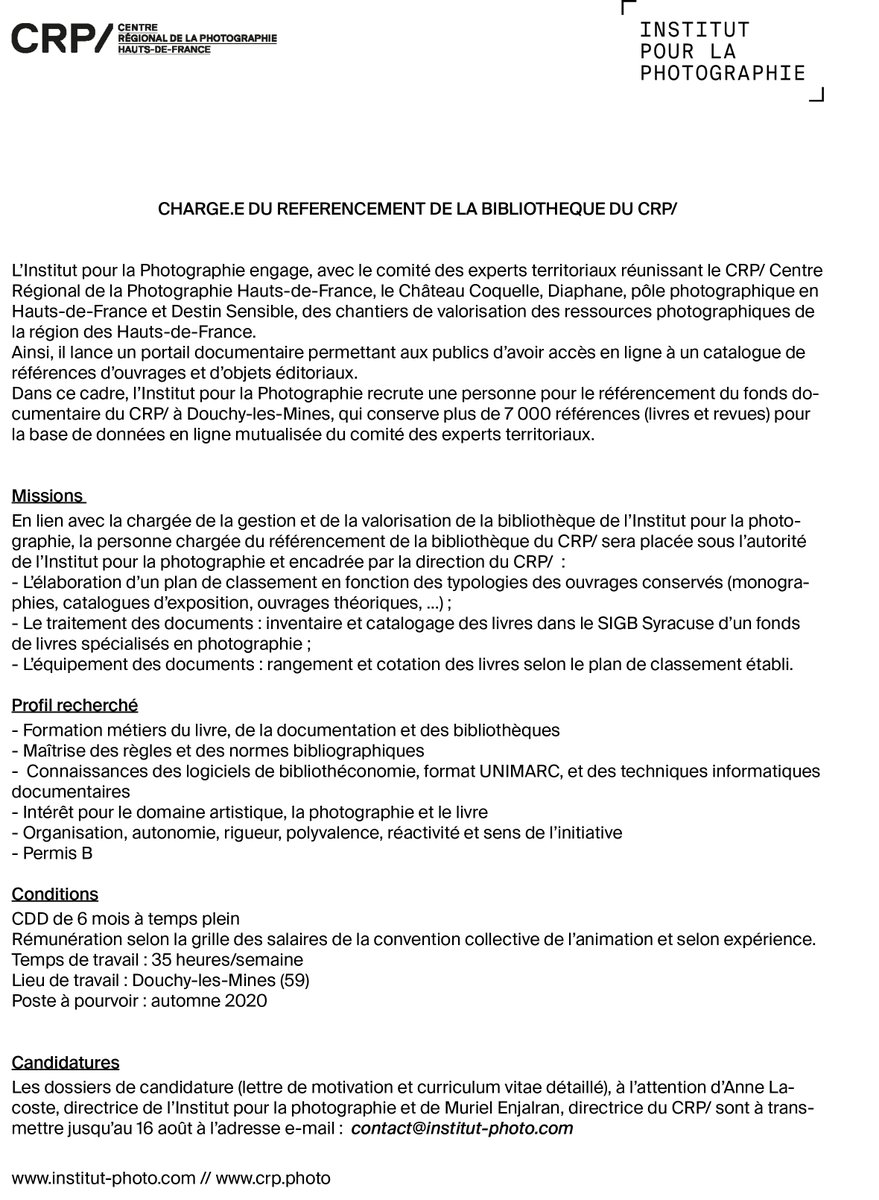 L'@InstitutPhoto recrute une personne pour le référencement de notre fonds documentaire, qui conserve plus de 7 000 références (livres et revues).
Candidatures jusqu'au 16 août !
► bit.ly/2BRxWf7
#JobAlert #secteurculturel #fonds #livres #pépites #chargedureferencement