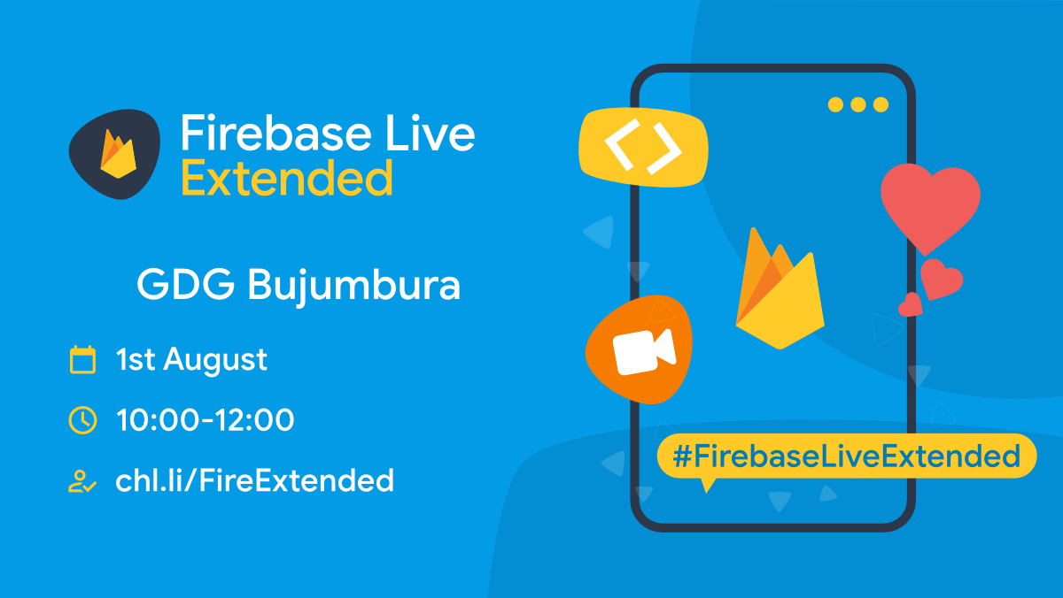 GDGBujumbura's tweet photo. Announcing #FirebaseLiveExtended Bujumbura
A web series for app developers consisting of talks and tips aimed at increasing your productivity, knowledge, and collaboration.
You can now chat with Firebasers and other developers during the video.
Join us: https://t.co/unhIwuycv1 https://t.co/0dpgXYCXP3