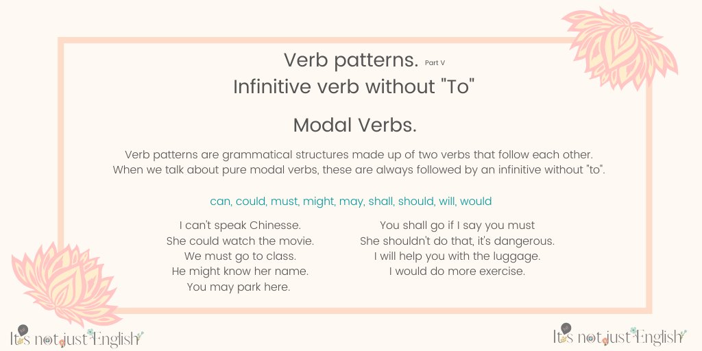 ItsnotjustEngl1's tweet photo. Hi Mates!!
Interesting summary of verb patterns. Part V. Infinitive with to.
*
*
#estudiar #englishmadrid #iloveenglish #moreenglish #englishlanguage #inglesgratis #rivasvaciamadrid #englishverbs #verbpattern #StayHome #learningenglish #gerund #itsnotjustenglish #infinitive https://t.co/SNkv6XSISA