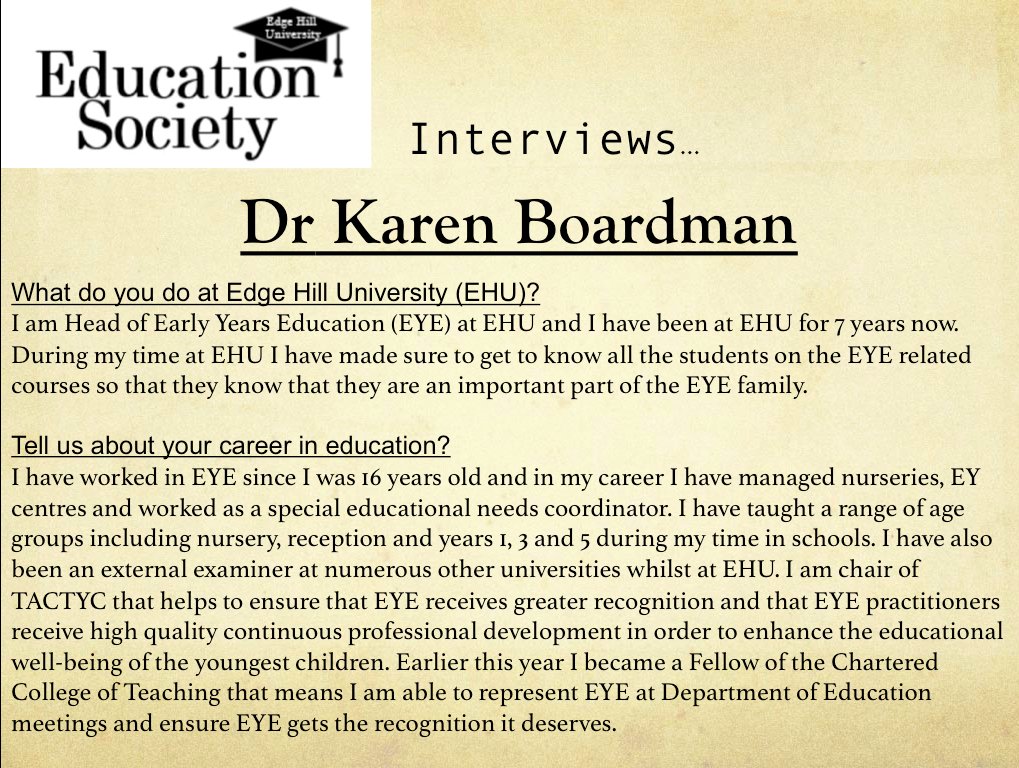 EHUEducationSoc's tweet photo. "It is crucial to be yourself in the classroom." @KarenMBoardman, Head of Early Years Education @EHU_FOE aka Chief Queen of Early Years, discusses why Early Years is so important and offers advice to trainees & NQTs. Read on to find out about her favourite films & more! #EYEQueen https://t.co/eSPqXkRyKx