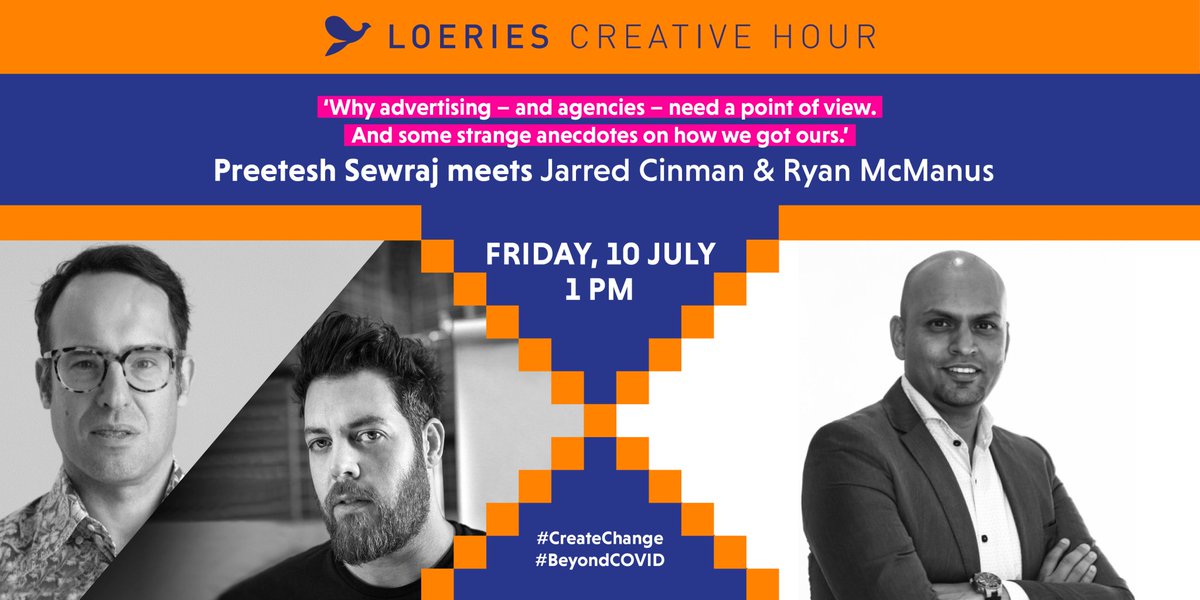 VML_ZA's tweet photo. This Friday on @loeries Creative Hour, Loeries CEO, @iPreetesh Sewraj chats to CEO @jarredcinman &amp; CCO @RyanMcTweet about "Why advertising - and agencies - need a point of view. And some strange anecdotes on how we got ours."
Visit https://t.co/S66ZLfuURP to register. https://t.co/4ErAAc8KH9