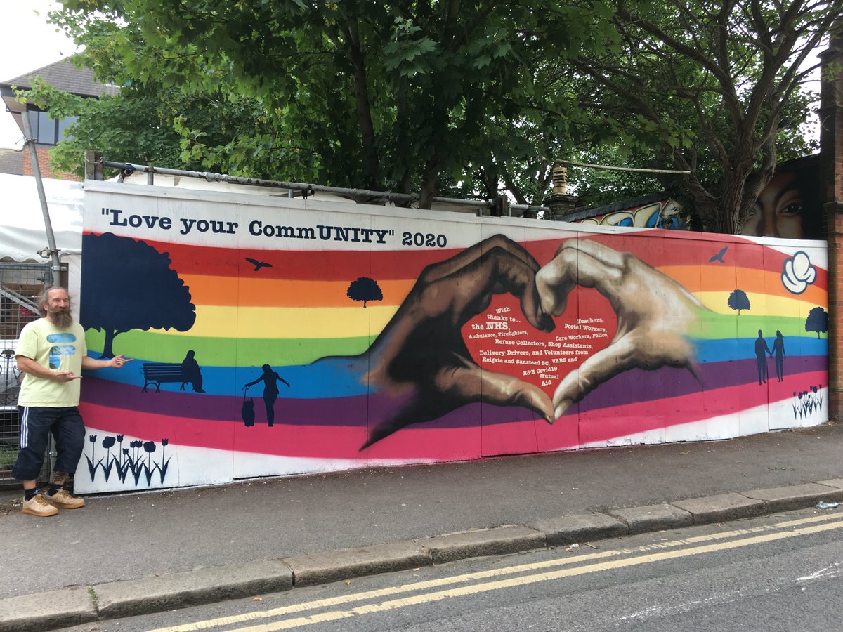 theyardreigate's tweet photo. So our own local street artist Uncle Stubble does our community proud yet again with this celebration of 'Comm-UNITY' which you can view @theyardreigate. 3+ amazing months of working together, supporting each other and volunteering throughout lockdown. Thank you to everyone. https://t.co/YPnz2B5ScG
