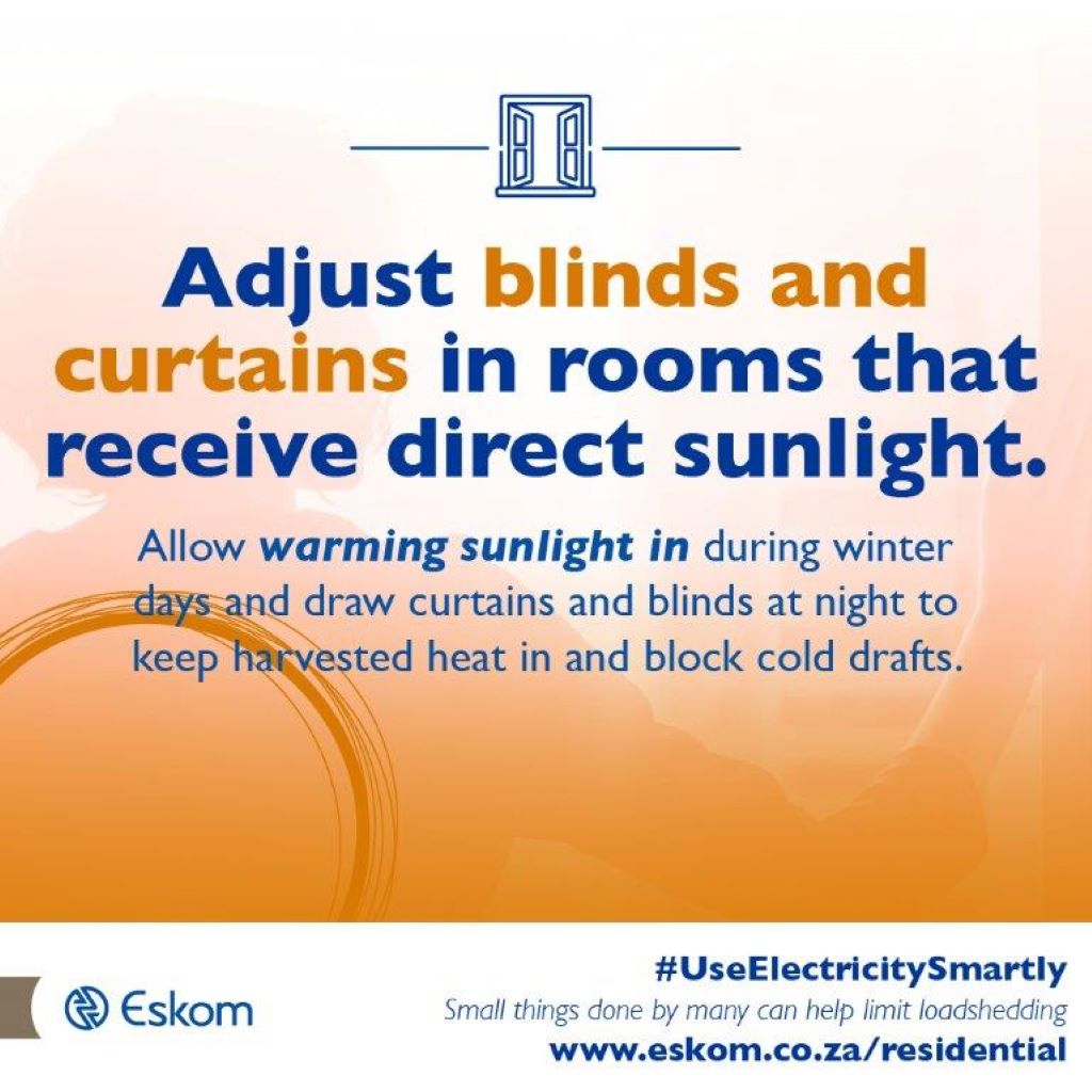 Eskom_SA's tweet photo. Allow the warm winter sunlight to flood and warm up your home during the day and later draw the curtains to keep heat in. This will create a warm cosy home and save you money on heating costs #UseElectricitySmartly https://t.co/i4nHlYPiaM