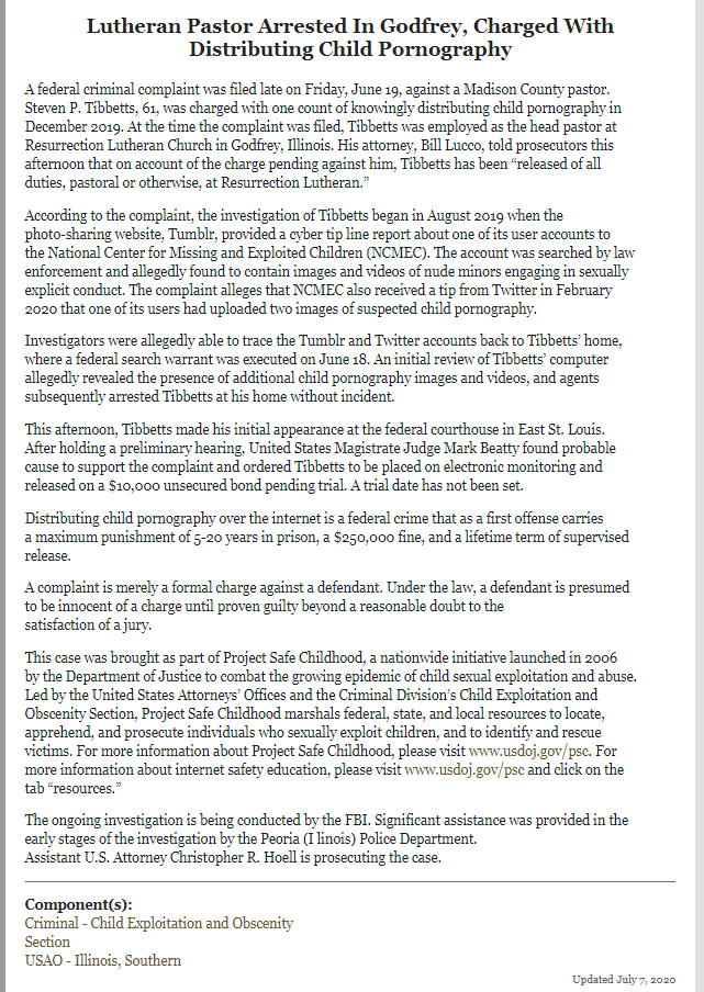  #Justice Godfrey,ILLutheran Pastor ARRESTED & CHARGED With Distributing Child Pornography [alleged]  #CSE on Tumblr, Twitter Steven P. Tibbetts | Resurrection Lutheran Church #ChildPredator  #CrimesAgainstChildren SDIL NCMEC  @POTUS  @TraffickStop  https://tinyurl.com/ya5ydz2f&nbsp;