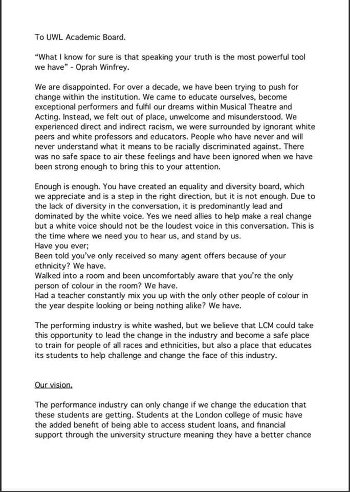 ElsieFallon's tweet image. #Representation is extremely important in the arts. Change must come from #Dramaschools and Universities first. This is why we have written to University of West London &amp;amp; London College of Music to demand positive change.
I stand by positive change at LCM. #changeforLCM