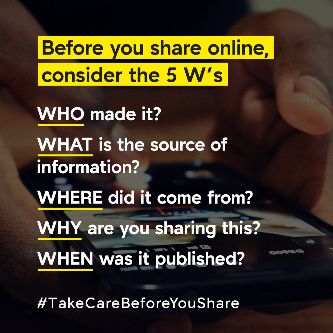 Don't be manipulated into sharing fake news. Pause and #takecarebeforeyoushare