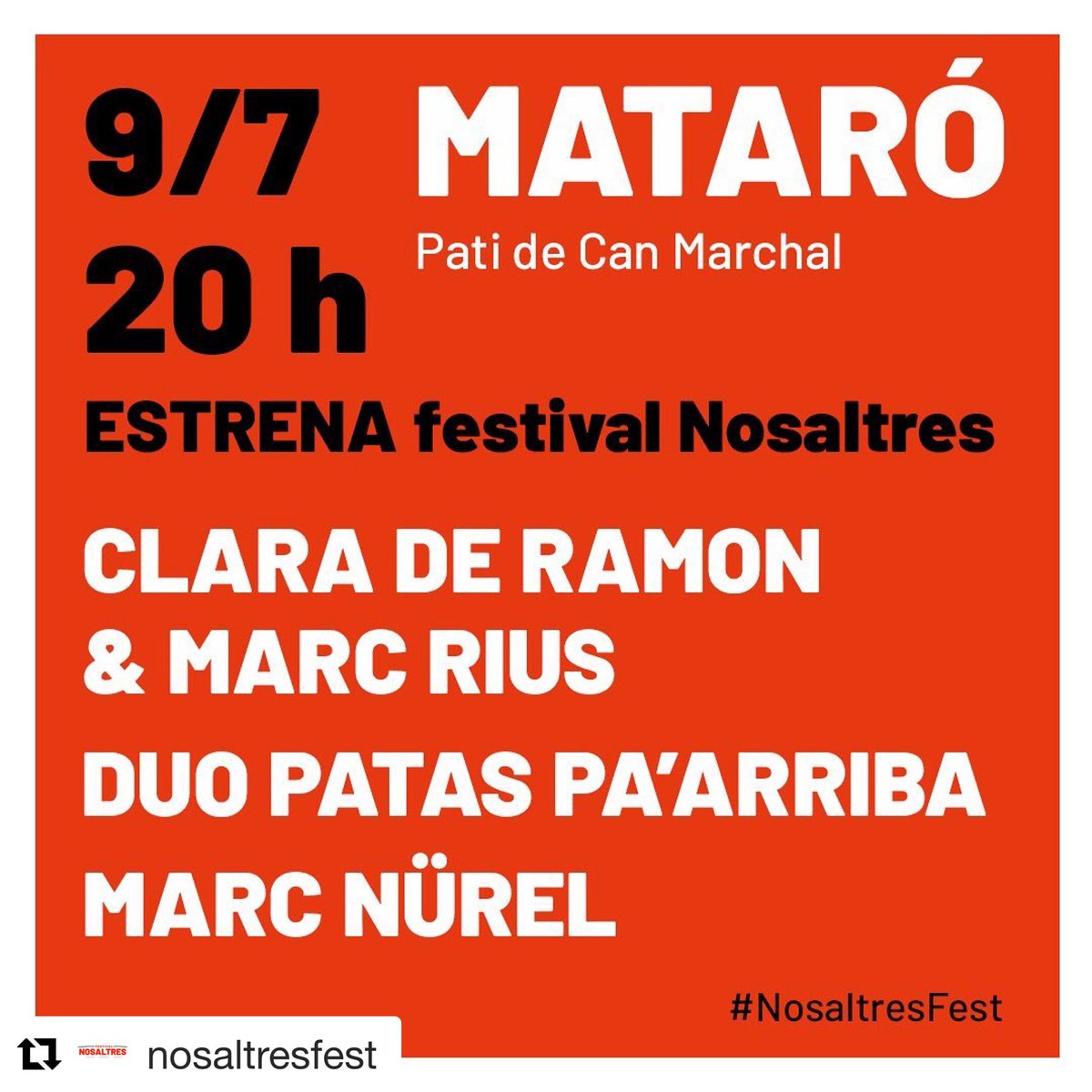 TastDeCultura's tweet photo. Demà, dijous el 9 de juliol a les 20 h al Pati de Can Marchal, @clara_dr & @rius_marc, duo Patas Pa'Arriba i #MarcNurel estrenen el #NosaltresFest!
Pots aconseguir la teva entrada per l’estrena al web https://t.co/3gSrXIrxC0
#MataróCultural #cultura #festival #mataró #postcovid19 https://t.co/di6nKcq7x1