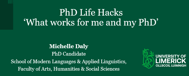 Delighted to present today as part of the #PhDLifeHacks <a href="/UL/">University Of Limerick</a> &amp; learned many tips from fellow colleagues <a href="/Robert_C1992/">Robert Collins</a> <a href="/DuaneBeth/">Beth.Duane</a> <a href="/tracy_mcavinue/">Tracy McAvinue</a> organised by <a href="/NiamhLenahan/">Dr Niamh Lenahan</a> &amp; <a href="/Niamh_NicGhabh/">Dr Niamh NicGhabhann Coleman</a>