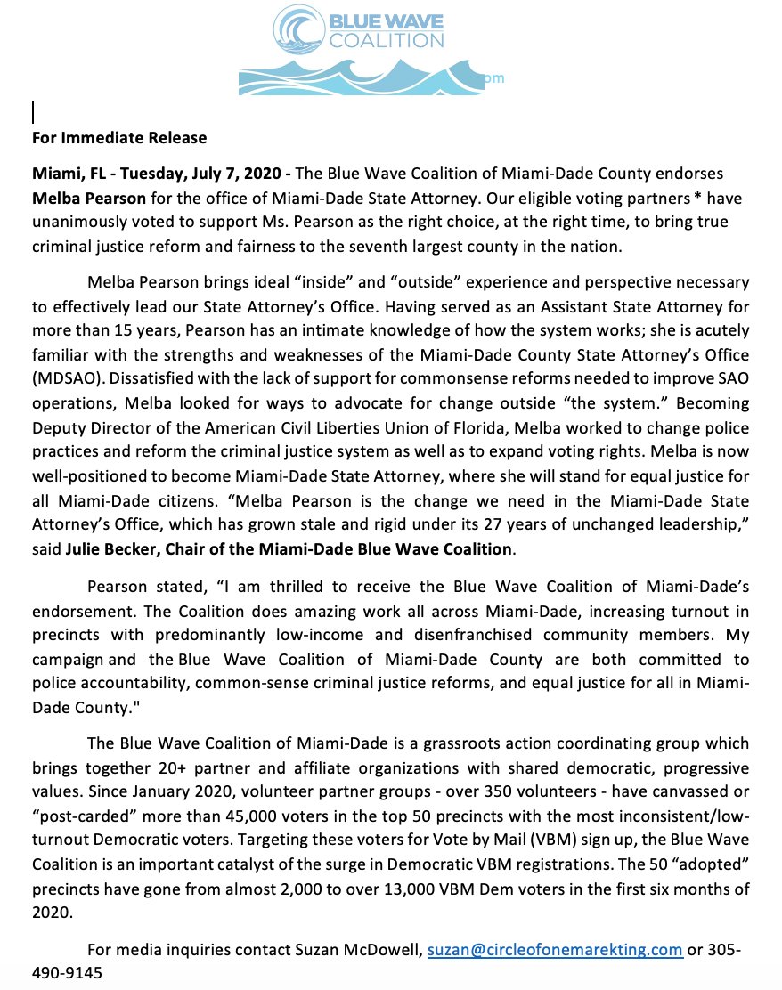 BlueWaveMDC's tweet photo. Blue Wave Coalition of Miami-Dade County endorses @MelbaForMiami (@ResLegalDiva) for office of Miami-Dade State Attorney. We unanimously voted to support Ms. Pearson as the right choice to bring true criminal justice reform &amp; fairness to the 7th largest county in the nation! #FL https://t.co/5BcfCjvfQF