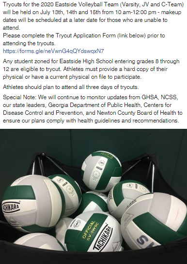 EASTSIDE VOLLEYBALL
Please complete the Tryout Application Form (link below) prior to attending the tryouts.
forms.gle/neVwnG4qQYdswq…