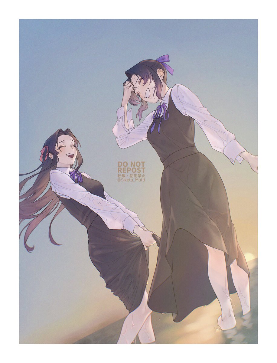 kochou shinobu multiple girls 2girls smile ribbon closed eyes wading shirt  illustration images
