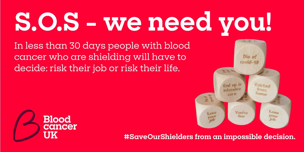 ⛔ No one should have to choose between their health and their job. ⛔
 
Please support our #SaveOurShielders campaign to get financial support for people with #bloodcancer who can't safely go back to work. 🆘 

💬 Add your voice by writing to your MP: bloodcancer.eaction.org.uk/shielding