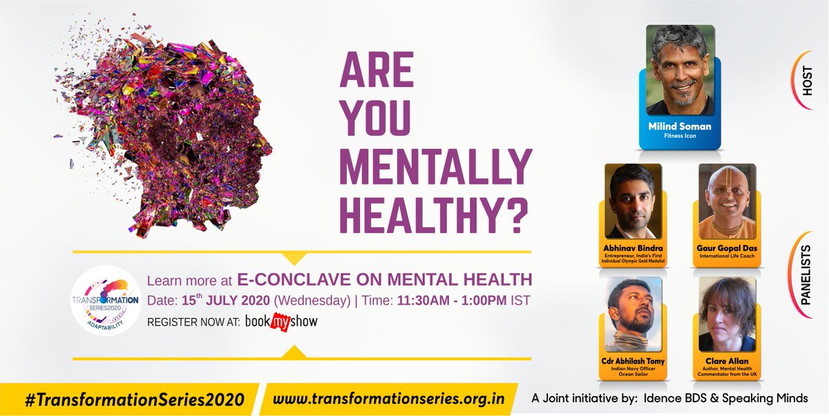AdaptingNewNorm's tweet photo. Are you Mentally Healthy? How to really know the status of your mental health, what can you do for your mental fitness?
Join the E-Conclave on Mental Health to get these answers
#TransformationSeries #Mentalhealth #mentalhealthisimportant #MentalHealthMatters https://t.co/DOC3HsG1LG