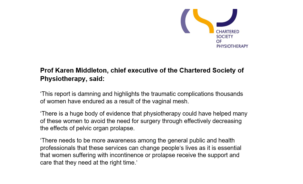 thecsp's tweet photo. ‘There is a huge body of evidence that physiotherapy could have helped many of these women to avoid the need for surgery' - read our response below to @IMMDSReview's First Do No Harm report looking at pelvic mesh implants. 

Read the report: https://t.co/xQQhjHcAVr https://t.co/dq89MT8LB8