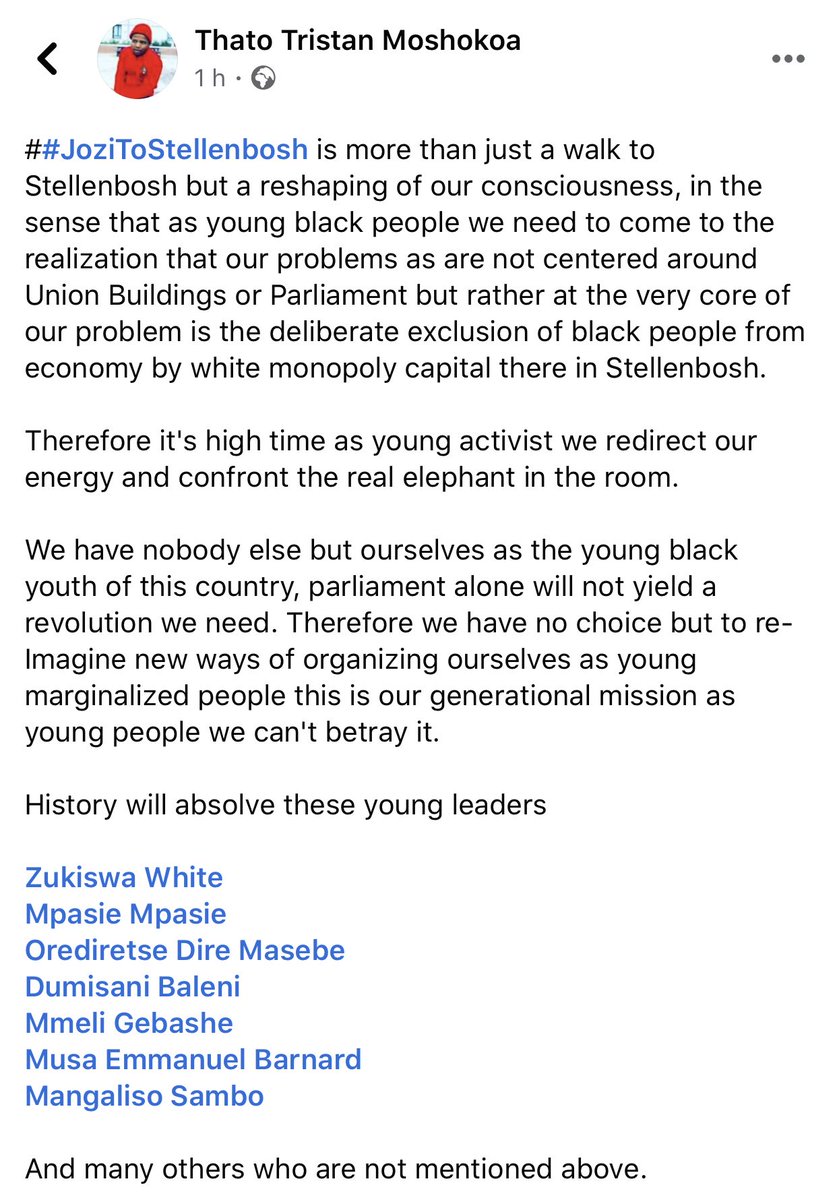 EFFSCUL's tweet photo. We are in solidarity with the courageous forces who partook the #JozitoStellenbosch 21 day March. The White Monopoly Capital headquarters must be confronted, the partners of property ownership must be changed. https://t.co/IboNXxDgA1