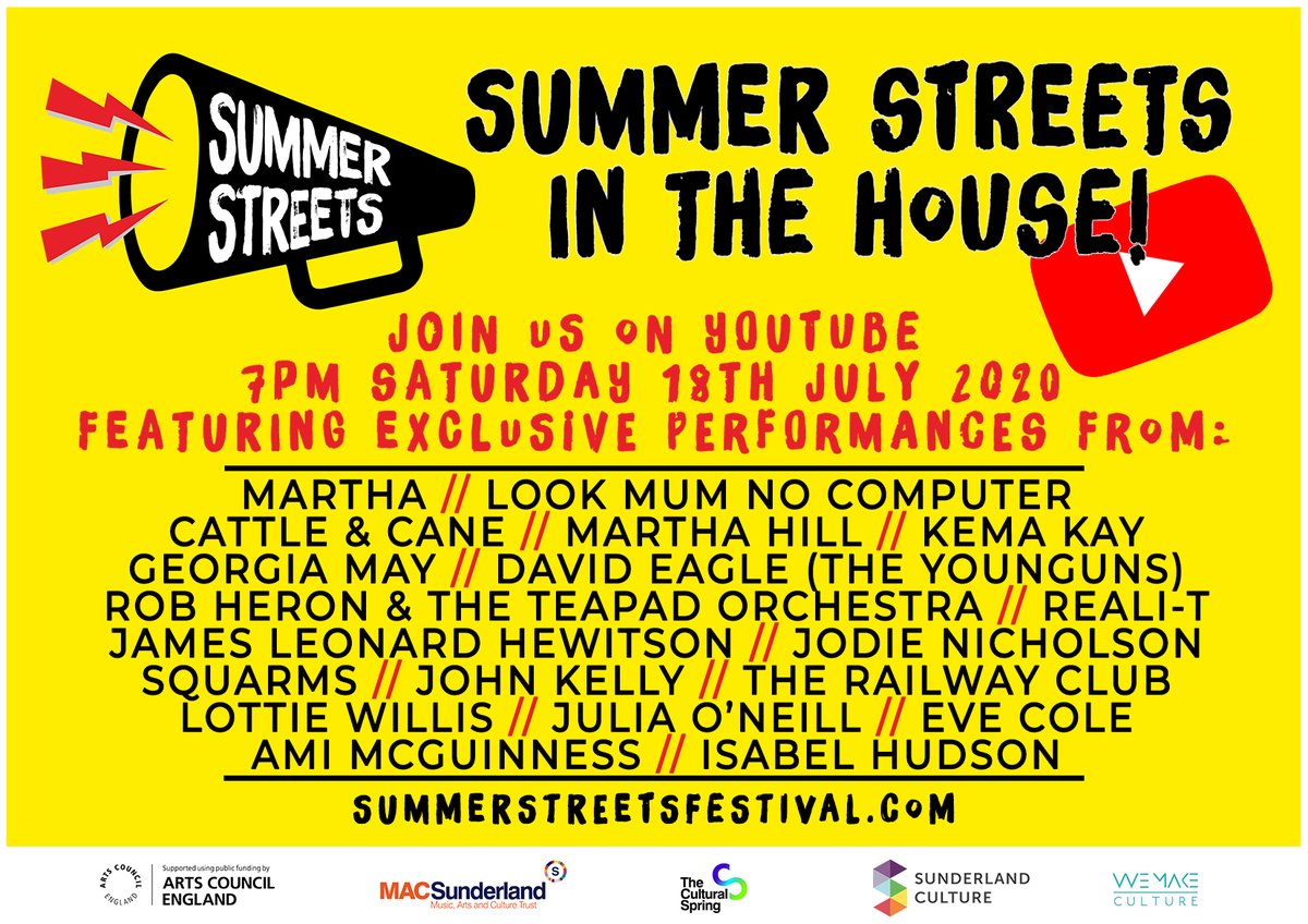 summerstreets_'s tweet image. 📢  Summer Streets In The House! Join us on YouTube from 7pm on Saturday 18th July for a gig beamed straight into your living room! Our brilliant line-up of artists includes @LOOKMUMNOCMPUTR / 
@MarthaDIY / @cattleandcane / @marthahillmusic / @kemakay (1/2)