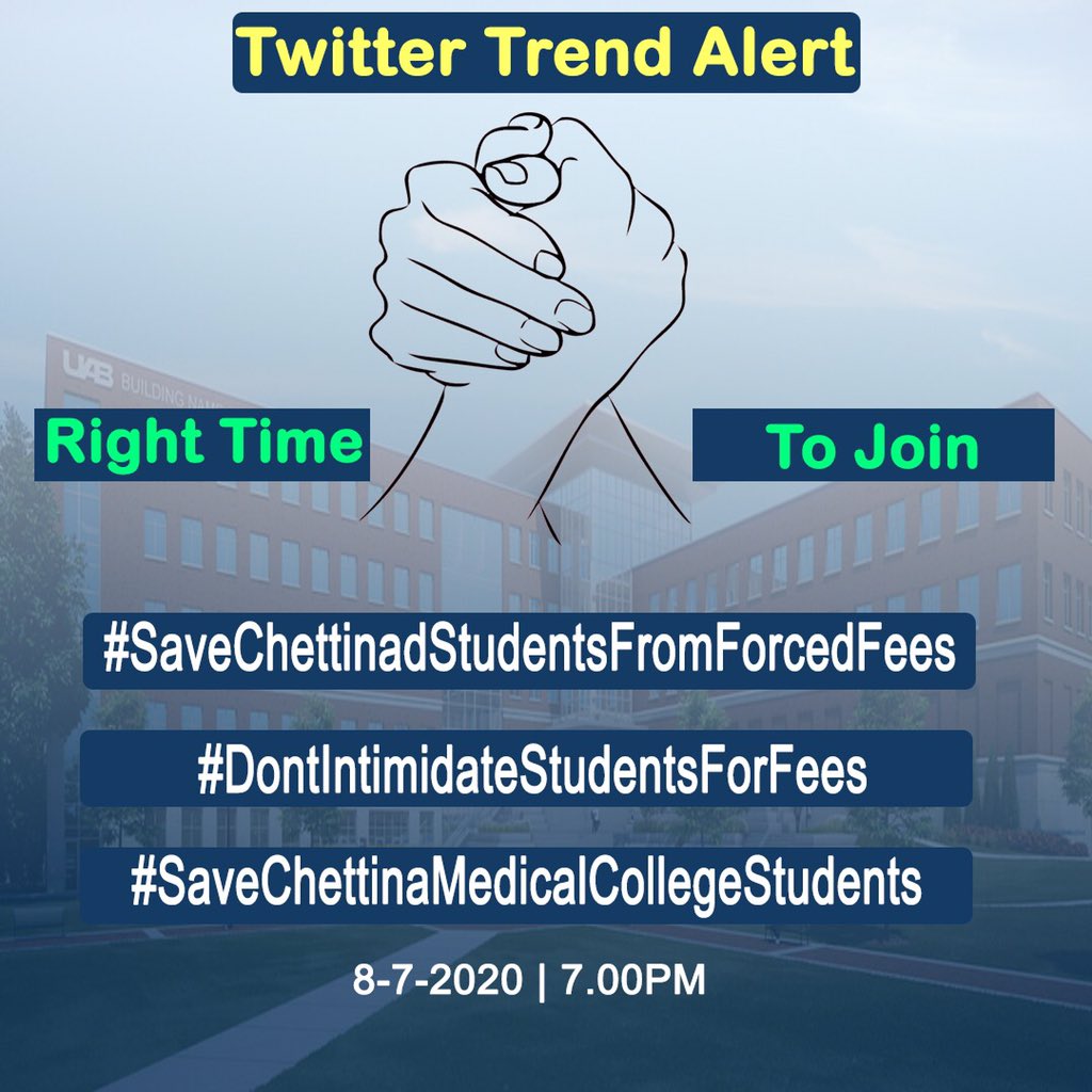 iniyavanitho's tweet photo. #SaveChettinadMedicalCollegeStudents #SaveChettinadStudentsFromForcedFees #DontIntimidateStudentsForFees
#SaveSaveethaStudentsFromForcedClgFees #StudentsLivesMatters
Tomorrow-8/7/2020- 7pm #Trending Pl Join https://t.co/RTWfPrm40d