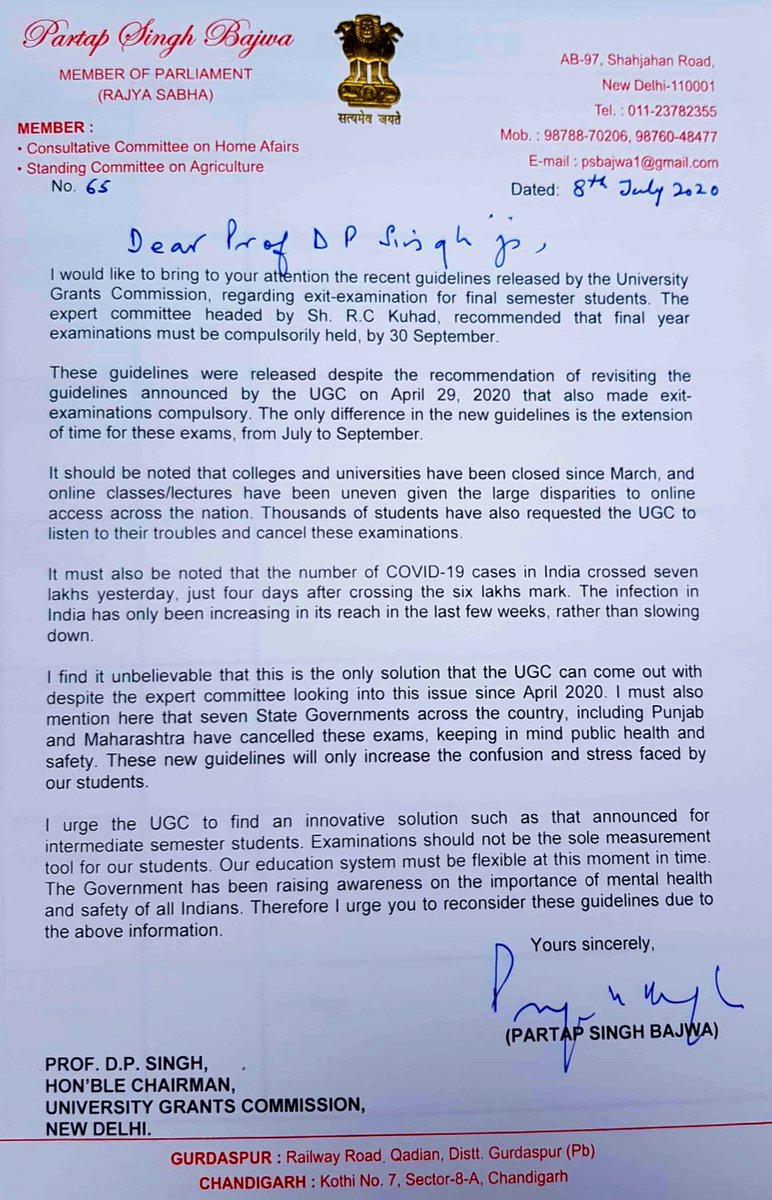 Partap_Sbajwa's tweet photo. Wrote letters to Honourable HRD Minister &amp; Chairman UGC regarding recent guidelines released related to exit-examinations for final semester students. https://t.co/bemI7MwXtb