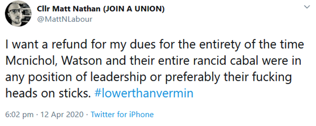 Nathan also has violent thoughts about some people in his own party. That “rancid cabal” - “preferably their fucking heads on sticks.  #lowerthanvermin”. 6/12